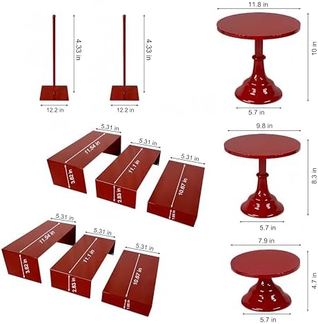 Red 11Pcs Metal Dessert Display Set Round Cake Stand Riser Platter in Red, alternate view 2