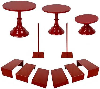 Red 11Pcs Metal Dessert Display Set Round Cake Stand Riser Platter in Red, alternate view 3
