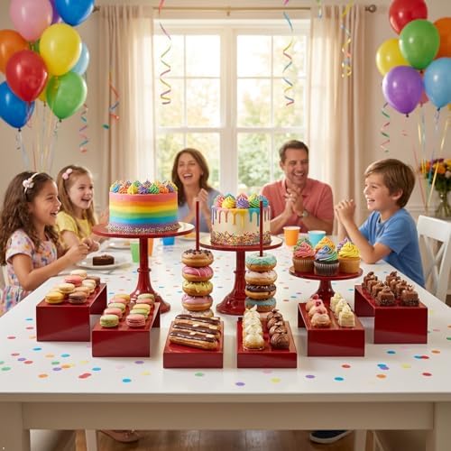 Red 11Pcs Metal Dessert Display Set Round Cake Stand Riser Platter in Red, alternate view 4