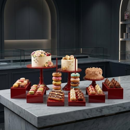 Red 11Pcs Metal Dessert Display Set Round Cake Stand Riser Platter in Red, alternate view 5