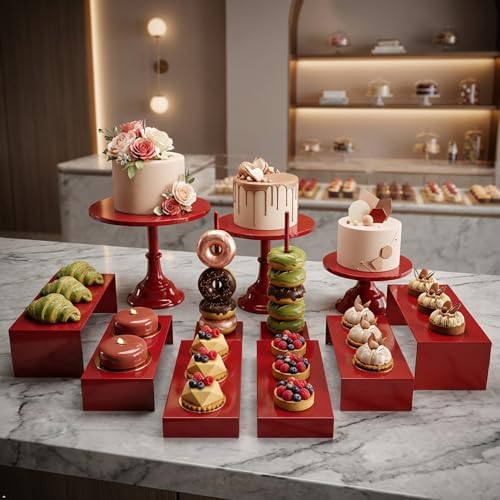 Red 11Pcs Metal Dessert Display Set Round Cake Stand Riser Platter in Red, alternate view 6