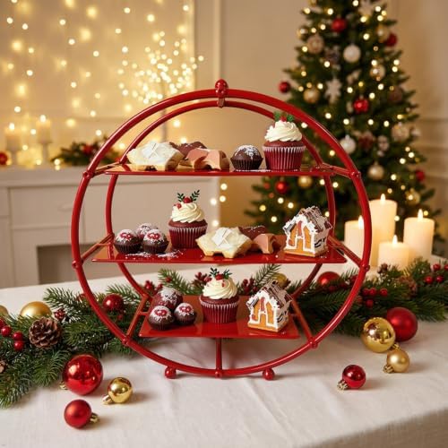 Red 3 Tier Metal Cupcake Stand Tiered Dessert Display Serving Tray in Red, alternate view 4