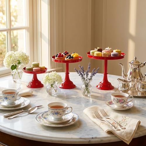 Red 3Pcs Metal Round Cake Stand Set 8/10/12 Inch Dessert Display in Red, alternate view 5
