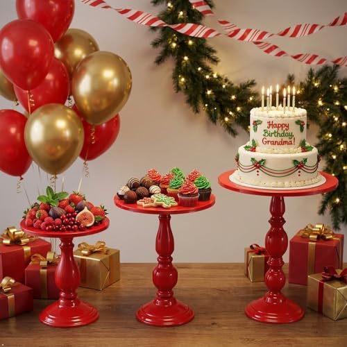 Red 3Pcs Metal Round Vintage Cake Stand Set 8"10"12" Dessert Display in Red, alternate view 4