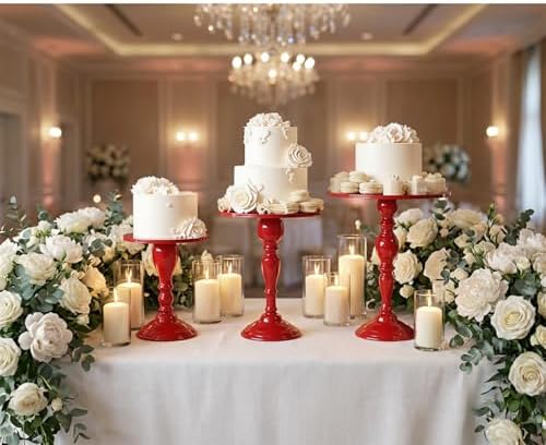 Red 3Pcs Metal Round Vintage Cake Stand Set 8"10"12" Dessert Display in Red, alternate view 6