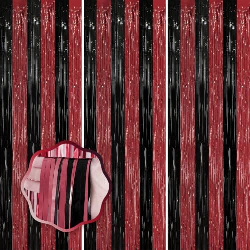Red and Black Foil Fringe Backdrop Curtains, 3.3x8.2ft, 3 Pack in 3.3x8.2ft