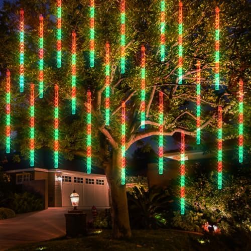 Red and Green Christmas Lights, 288 LED 11.8 Inch Meteor Shower Rain Lights with 8 Tubes, Waterproof Plug in