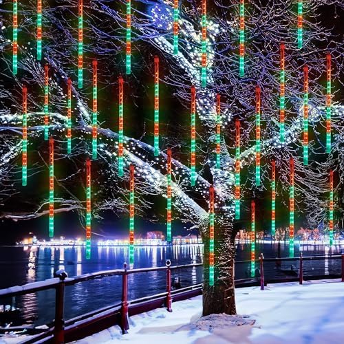 Red and Green Christmas Lights, 288 LED 11.8 Inch Meteor Shower Rain Lights with 8 Tubes, Waterproof Plug in, alternate view