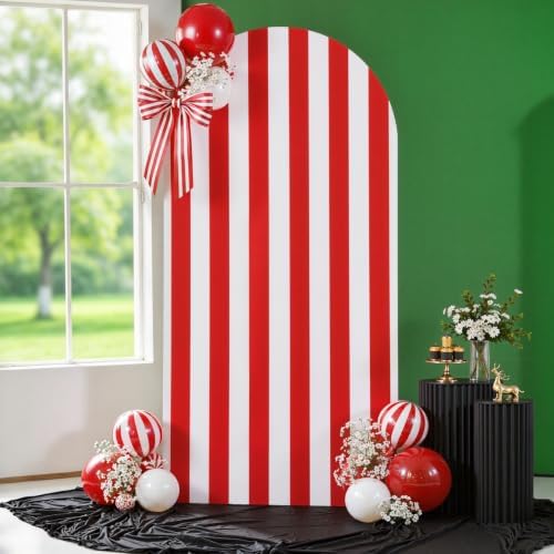 Red and White Striped Arch Backdrop Cover 6 FT Birthday Party Balloon Red Striped Arch Covers Stretchy Backdrop, alternate