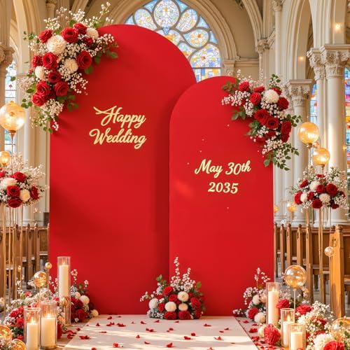 Red Arch Cover 2 Set-7.2 and 6ft Red Arch Backdrop Cover Spandex Fitted Christmas Arch Stand Covers Stretchy, alternate view