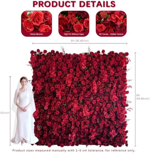 Red Artificial Flower Wall Backdrop,8FT*8FT 3D Flower Wall, alternate view 2