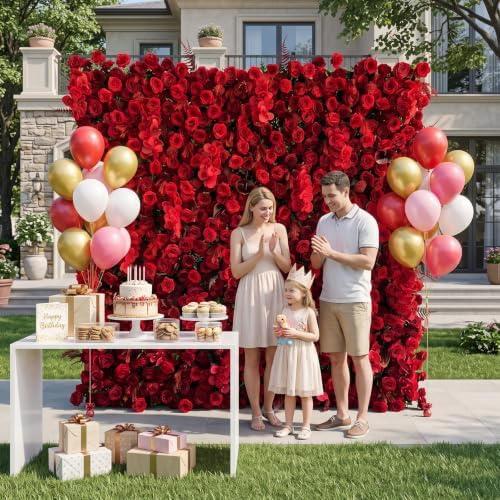 Red Artificial Flower Wall Backdrop,8FT*8FT 3D Flower Wall, alternate view 3