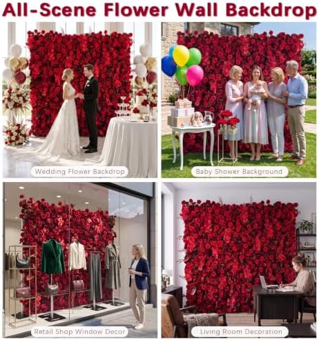 Red Artificial Flower Wall Backdrop,8FT*8FT 3D Flower Wall, alternate view 6