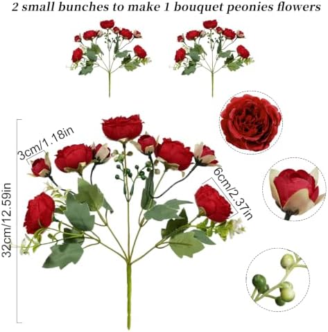 Red Artificial Peonies Silk Flowers for Home Wedding Decor, 2PCS, alternate view 5