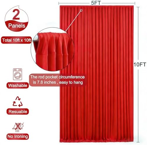 Red Backdrop Curtain for Parties Decoration Drapes for Bbackdrop 10x10ft in W5' x H10'(2 panels) in Red, alternate view 5