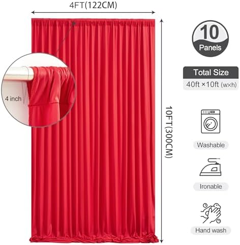 Red Backdrop Curtains 40 x 10ft for Photo Background Wrinkle Free Drapes in W4' x H10'(10 panels) in Red, alternate view 3
