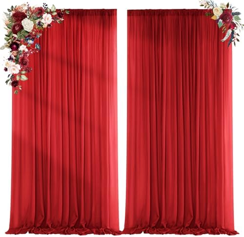 Red Backdrop Curtains for Parties, Chiffon Photo Backdrop Drapes 2 Panels 5x8ft Sheer Outdoor Curtain for