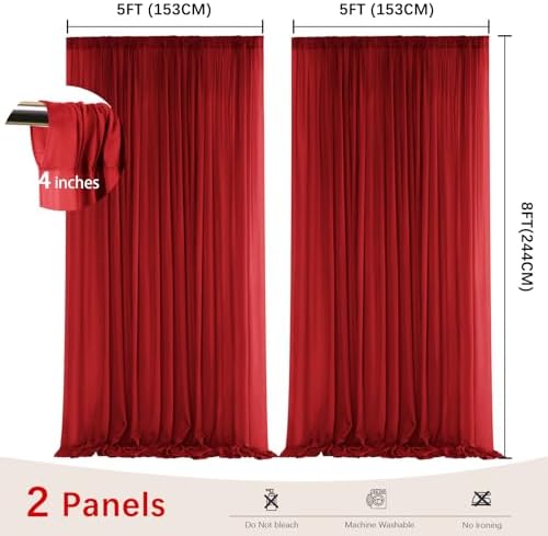Red Backdrop Curtains for Parties, Chiffon Photo Backdrop Drapes 2 Panels 5x8ft Sheer Outdoor Curtain for, alternate view 2