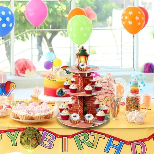 Red Brick Wall Cupcake Stand Cartoon Street Birthday Party Supplies in Multicolor, alternate view 2