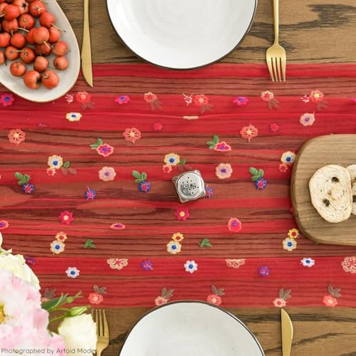 Red Embroidery Daisy Gauze Table Runner 120 Inch 10FT, alternate view 4