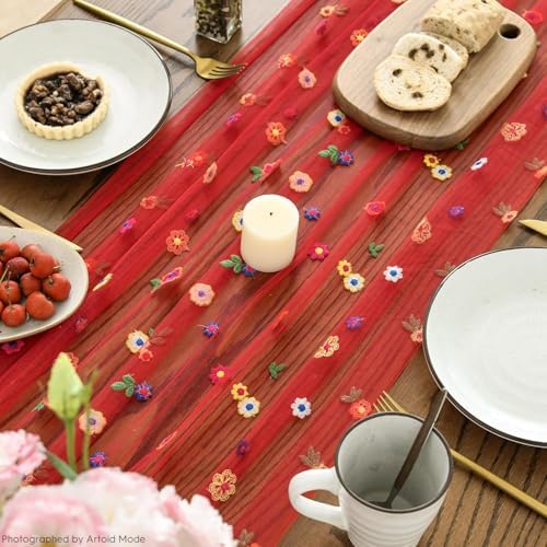 Red Embroidery Daisy Gauze Table Runner 120 Inch 10FT, alternate view 5