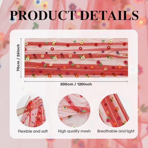 Red Embroidery Daisy Gauze Table Runner 120 Inch 10FT, alternate view 7
