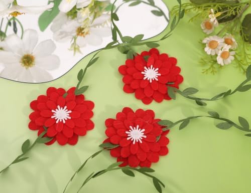 Red Felt Chrysanthemum Wreath Red Leaf Vine Banner, Multi Layer Daisy, Used for Spring Party Decoration, Red, alternate view