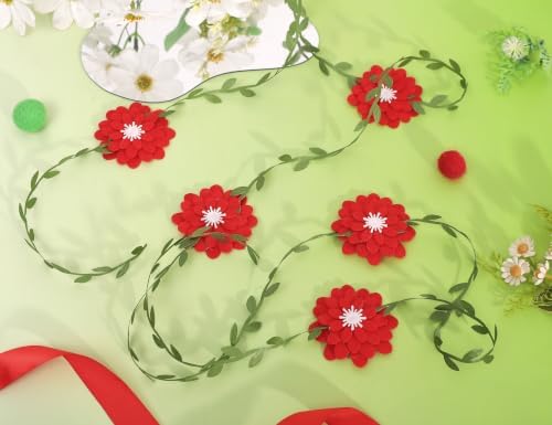Red Felt Chrysanthemum Wreath Red Leaf Vine Banner, Multi Layer Daisy, Used for Spring Party Decoration, Red, alternate view