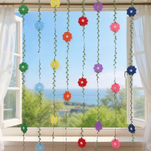 Red Felt Chrysanthemum Wreath Red Leaf Vine Banner, Multi Layer Daisy, Used for Spring Party Decoration, Red, alternate view