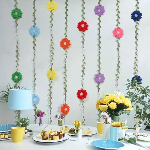 Red Felt Chrysanthemum Wreath Red Leaf Vine Banner, Multi Layer Daisy, Used for Spring Party Decoration, Red, alternate view