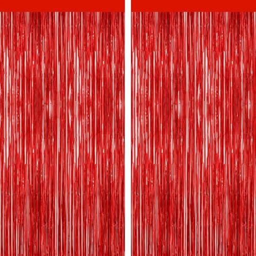 Red Foil Fringe Backdrop Curtain, Metallic Tinsel Streamers, 2 Pack