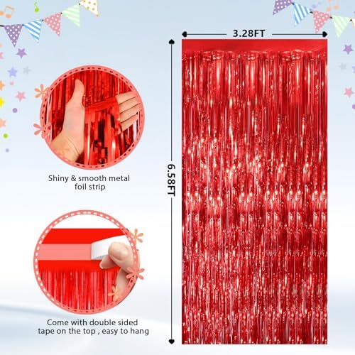 Red Foil Fringe Backdrop Curtain, Metallic Tinsel Streamers, 2 Pack, alternate view 3