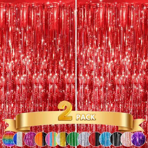 Red Foil Fringe Backdrop Curtain, Metallic Tinsel Streamers, 2 Pack, alternate view 5