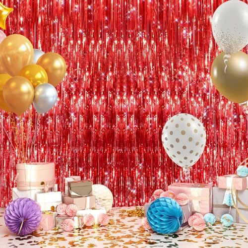 Red Foil Fringe Backdrop Curtain, Metallic Tinsel Streamers, 2 Pack, alternate view 6