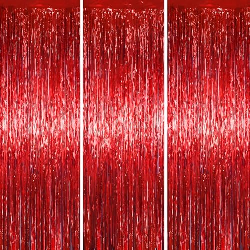 Red Foil Fringe Backdrop Curtains, 3.3 x 6.6 ft, 3pcs in 3.3 x 6.6 ft