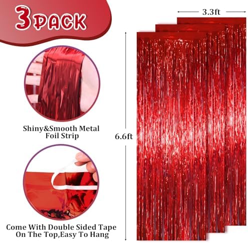 Red Foil Fringe Backdrop Curtains, 3.3 x 6.6 ft, 3pcs in 3.3 x 6.6 ft, alternate view 3