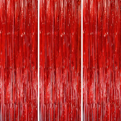 Red Foil Fringe Backdrop Curtains, 3.3x8.2ft, 3 Pack in 3.3x8.2ft