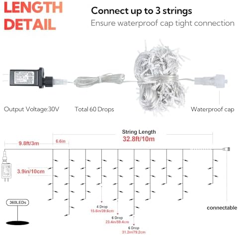 Red Icicle Lights, 33FT 360 LED 60 Drops Outdoor Waterproof, alternate view 6