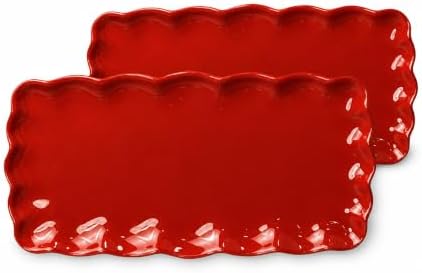 Red Melamine Serving Trays Set of 2, 15.5 x 8 in Scalloped Platters in Holiday Red