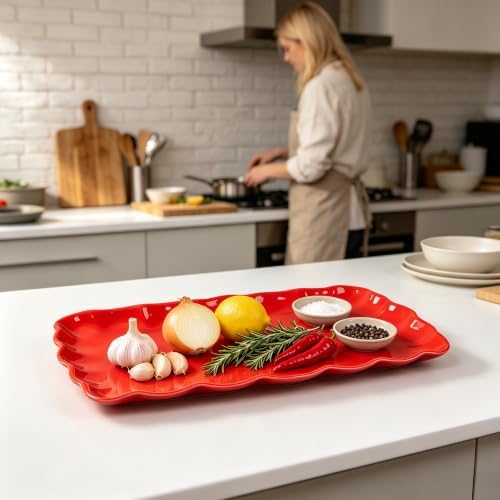 Red Melamine Serving Trays Set of 2, 15.5 x 8 in Scalloped Platters in Holiday Red, alternate view 2