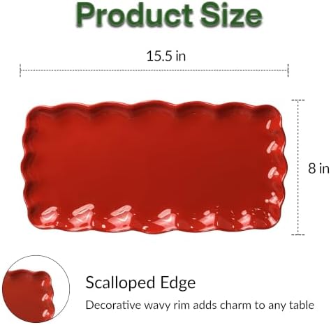 Red Melamine Serving Trays Set of 2, 15.5 x 8 in Scalloped Platters in Holiday Red, alternate view 3