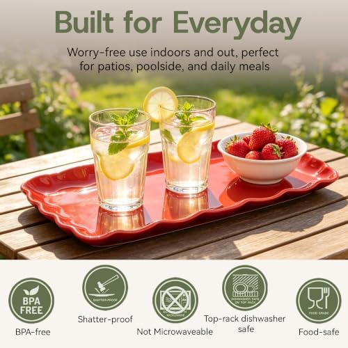 Red Melamine Serving Trays Set of 2, 15.5 x 8 in Scalloped Platters in Holiday Red, alternate view 4