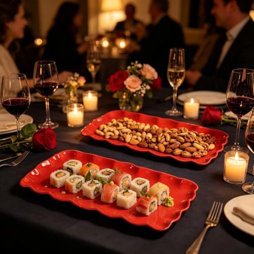 Red Melamine Serving Trays Set of 2, 15.5 x 8 in Scalloped Platters in Holiday Red, alternate view 5