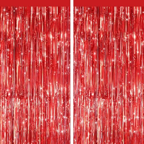 Red Metallic Fringe Curtains 2 Pack, Tinsel Backdrop for Parties