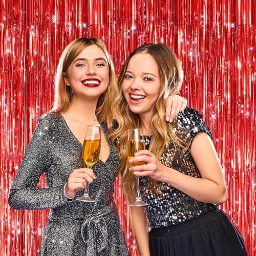 Red Metallic Fringe Curtains 2 Pack, Tinsel Backdrop for Parties, alternate view 6