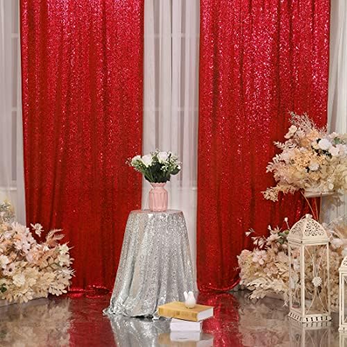 Red Sequin Backdrop Curtain, 2 Panels 2Ft x 8Ft Glitter Photography Back Drop for Wedding Birthday Christmas