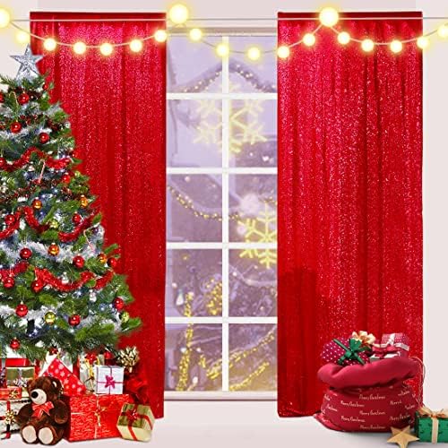 Red Sequin Backdrop Curtain, 2 Panels 2Ft x 8Ft Glitter Photography Back Drop for Wedding Birthday Christmas, alternate view