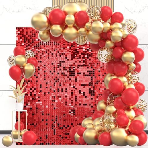 Red Shimmer Wall Backdrop, 24 Pcs Sequin Backdrop Glitter Photo Backdrops for Birthday, Graduation, Anniversary