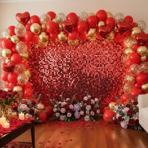 Red Shimmer Wall Backdrop 48 Panels Cover 6 x 8 Ft, Photo Backdrops for Wedding, Anniversary, Birthday, Party