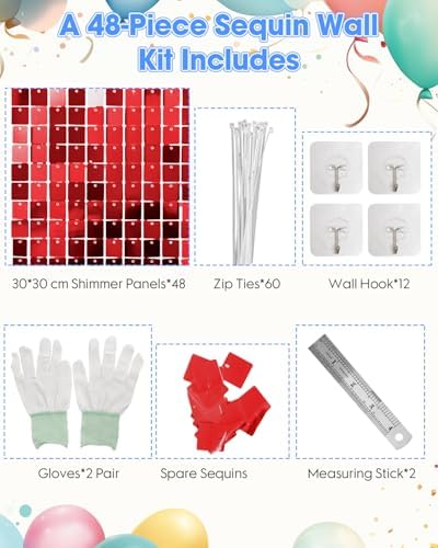 Red Shimmer Wall Backdrop 48 Panels Cover 6 x 8 Ft, Photo Backdrops for Wedding, Anniversary, Birthday, Party, alternate view